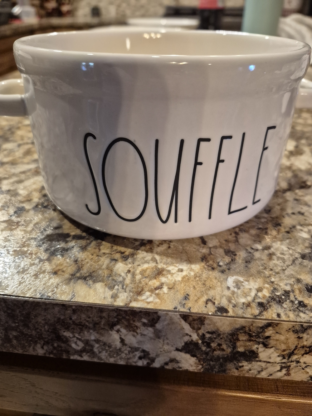 Rae Dunn White Soufflé Dish with Black Lettering